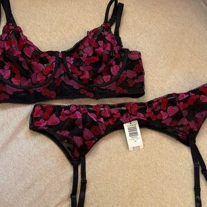 Torrid Black Lace Bra & Garter Set with Pink and Red Heart Embroidery